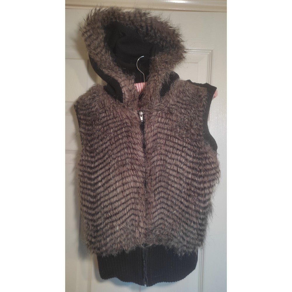 Miss London Black Faux Fur Sleeveless Vest with Hoodie Medium Size